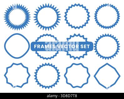 Vektorsatz mit verschiedenen geometrischen Aufklebern, die blaue Rahmen, Randformen und gezackte Sternenmuster für Designelemente beschriften Stock Vektor