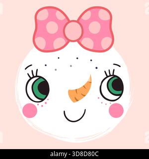 Vektor Schneemann lächelndes Gesicht mit rosa Schleife, skurrile Textur Design für Weihnachten und Winterferien Verpackung Stock Vektor