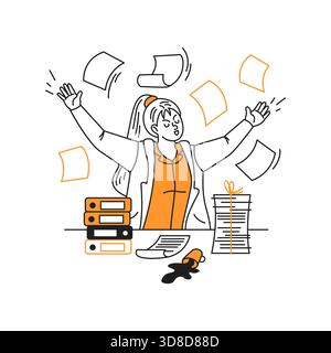 Illustration einer Geschäftsfrau, die Dokumente mit Erleichterung in die Luft wirft. Sie ist umgeben von Büroakten und Papierkram. Der Stil ist einfach Stock Vektor