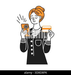 Illustration einer Frau, die glücklich online mit Smartphone und Kreditkarte einkaufen. Einfarbige Farben mit orangefarbenen Akzenten. Perfekt für E-Commerce Stock Vektor