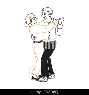 Illustration eines älteren Paares, das fröhlich zusammen tanzt. Der vereinfachte Linienstil unterstreicht ihr Glück und die Verbindung zwischen ihnen. Stock Vektor