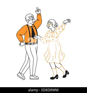Illustration zweier fröhlich zusammen tanzender Menschen in Retro-Kleidung. Die Charaktere sind animiert, zeigen Bewegung und einen lebendigen Ausdruck, umarmen Stock Vektor