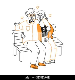 Vektor-Illustration, die ein älteres Paar zeigt, das zusammen auf einer Bank sitzt und umhüllt. Die Strichgrafik ist einfach und einige Elemente sind orange hervorgehoben Stock Vektor