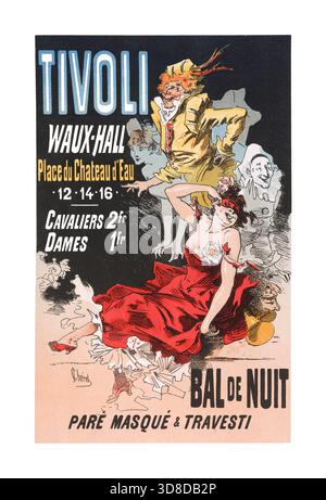 Farbiges lithographisches Poster von Jules Chéret zur Werbung für die Tivoli-Vauxhall, eine Pariser Aufführungsstätte aus dem späten 19. Jahrhundert mit nächtlichen M Stockfoto