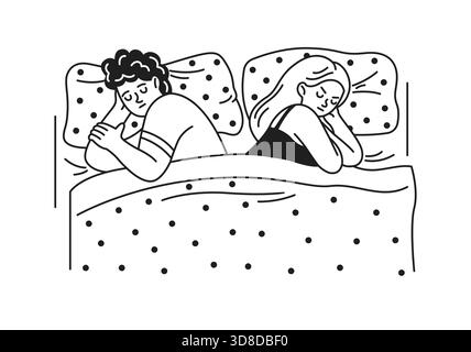 Illustration eines Paares, das Rücken an Rücken auf einem Bett mit Punktbettwäsche schläft. Der Mann und die Frau scheinen friedlich in einer gemütlichen Umgebung zu schlafen. Stock Vektor