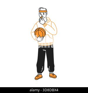 Eine minimalistische Strichillustration zeigt einen Mann, der Sportkleidung trägt und einen Basketball hält. Der Charakter ist nachdenklich mit einer Pfeife beschäftigt Stock Vektor