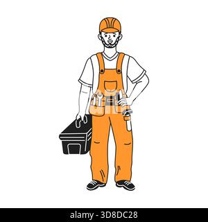 Abbildung eines Cartoon-Bauarbeiters mit orangefarbenen Overalls und Werkzeugkiste. Der Arbeiter scheint selbstbewusst, mit Werkzeugen ausgestattet und bereit zu sein Stock Vektor