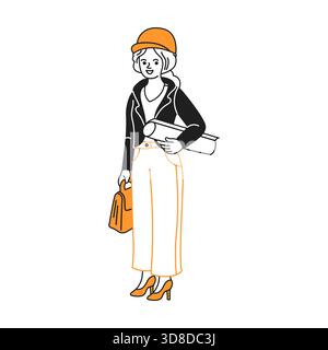 Illustration einer lächelnden Architektin in einem Schutzhelm mit einem Entwurf und einer Tasche, gekleidet in einer stilvollen schwarzen Jacke und orangefarbenen Absatzschuhen auf weißer Pfanne Stock Vektor