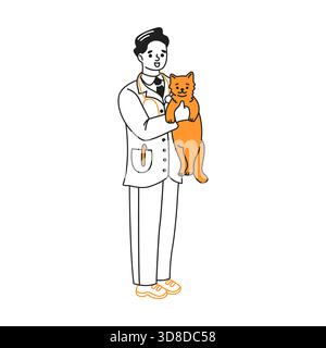 Ein fröhlicher männlicher Tierarzt hält eine orangene Katze in der Hand und symbolisiert die Tierpflege und den Veterinärdienst. Die Zeichnung ist einfach, mit schwarzer und orangefarbener Farbe Stock Vektor