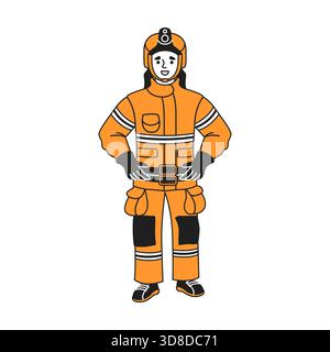 Eine farbenfrohe Illustration, die einen Feuerwehrmann in einer leuchtend orangefarbenen Uniform darstellt, komplett mit Helm und Schutzausrüstung für Sicherheit und Schutz Stock Vektor