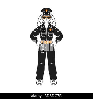 Stilisierte Illustration einer Offizierin mit lockigem Haar in Uniform und Sonnenbrille. Sie steht selbstbewusst mit Händen auf den Hüften und reflektiert die Autorität Stock Vektor