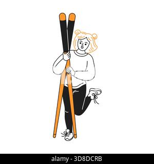 Skurrile Zeichentrickfigur mit verspieltem Ausdruck, der Ski hält. Lässig gekleidet, steht auf einem Bein. Einfache Strichgrafik mit orangefarbenen Akzenten, die an Fu erinnern Stock Vektor