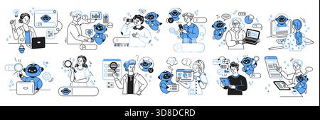 Comic künstliche Intelligenz und Menschen in einem nahtlosen Muster. Sie nutzen Technologie auf ansprechende und effiziente Weise. Blau-weiß Farbschema Hi Stock Vektor