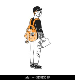 Abbildung eines lächelnden Reisenden mit einem orangefarbenen Rucksack mit Karte. Minimalistischer Schwarz-weiß-Stil mit orangefarbenen Akzenten. Ideal für Reisethemen. Stock Vektor