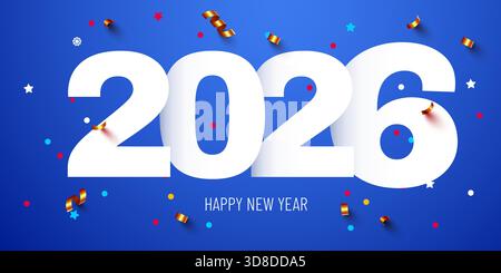 Festliches 2026 Happy New Year Banner mit Konfetti auf blauem Hintergrund. Vektorabbildung Stock Vektor