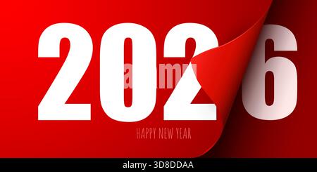 Happy New Year 2026 Grußkarte Design Vorlage. Kalenderseite wird umgeschaltet. Vektorabbildung Stock Vektor