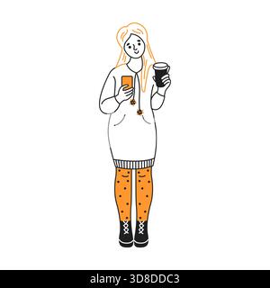 Digitale Illustration einer Frau in modernem Outfit, die Kaffeetasse und Smartphone hält. Sie trägt einen langen Pullover und eine Polka Dot-Leggings mit Cheerfu Stock Vektor