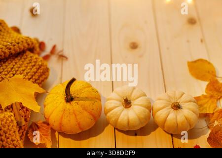 Warme herbstliche flache Ladefläche mit Kürbissen und Pullover Stockfoto