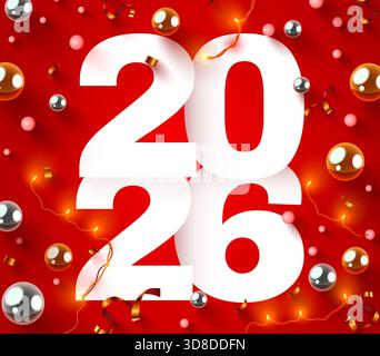 Happy New Year 2026 festlicher roter Hintergrund mit leuchtenden Lichtern und dekorativen Kugeln. Für Karten, Banner. Vektorabbildung. Stock Vektor