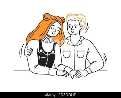 Cartoon-Illustration eines fröhlichen Paares, das eng mit einem Lächeln sitzt. Die Charaktere zeigen Zuneigung und Wärme. Das Bildmaterial ist schlicht schwarz Stock Vektor