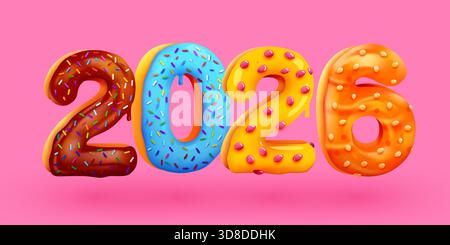 Leckere Grußkarte Happy New Year 2026. Bunte glasierte süße Zahlen. Grußkarte, Banner, Poster. Vektorabbildung Stock Vektor