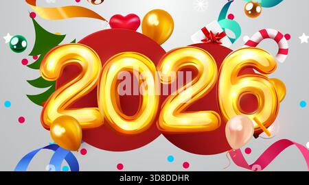 Happy New 2026 Year. Feiertagsballon Zahlen 2025 mit Konfetti. Festliches Poster- oder Bannerdesign. Vektorabbildung Stock Vektor