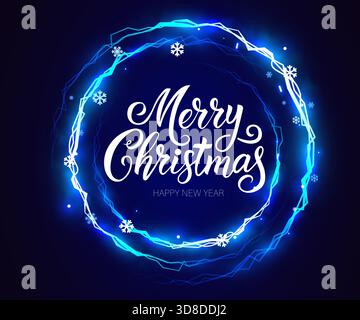 Frohe Weihnachten und ein frohes neues Jahr leuchtender neonblauer Rahmen. Festlicher Gruß mit Schneeflocken auf dunklem Hintergrund. Vektorabbildung. Stock Vektor
