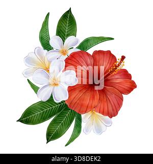 Tropische Komposition mit rotem Hibiskus, weißen Plumeria-Blüten und grünen Blättern auf weißem Hintergrund. Dekoratives Blumenelement für Hochzeitseinladungen, Sommerkarten, Verpackungen und Drucke. Stockfoto