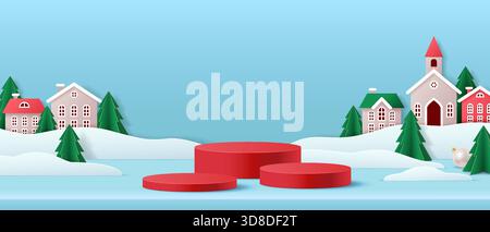 Illustration eines bezaubernden Winterdorfes mit schneebedeckten Häusern und Bäumen in einer verschneiten Landschaft. Rote Podeste im Vordergrund gegen klare blaue SK Stock Vektor