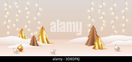 Goldene und braune Bäume im Papierschnitt-Stil sitzen auf Schnee mit leuchtenden Lichtern über ihnen. Festliche Ornamente verstreut. Warmer und minimalistischer Urlaub A Stock Vektor