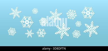 Illustration von weißen Schneeflocken, die anmutig auf einem weichen blauen Farbverlauf verstreut sind. Das einfache geometrische Design erinnert an Ruhe. Perfekt für Winterurlaub Stock Vektor