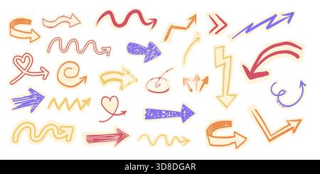 Scrapbook-Set mit Papierpfeilausschnitt, gerissenen Kritzeleien-Collage-Elementen. Sammlung Y2K Swirl, nach oben und unten, nach rechts und links. Vektorabbildung Stock Vektor