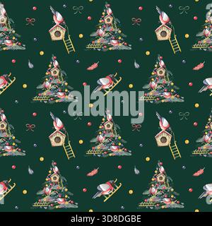 Aquarellfarben Weihnachtsvögel und dekorierte Bäume nahtlos auf dunkelgrünem Muster Stockfoto