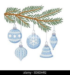 Blaue Weihnachtskugeln, Kiefernzweig Stock Vektor