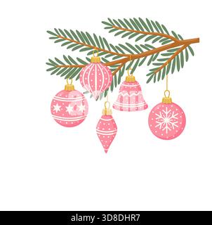 Rosafarbene Weihnachtskugeln, Kiefernzweig Stock Vektor