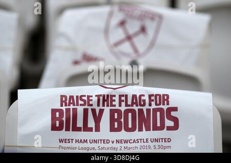 Aktenfoto vom 02.03.2019 Einer allgemeinen Ansicht der Stühle im neuen Billy Bonds-Stand. Billy Bonds ist im Alter von 79 Jahren gestorben, teilte West Ham mit. Ausgabedatum: Sonntag, 30. November 2025. Stockfoto
