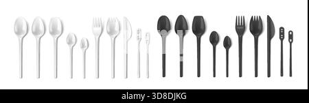Besteck aus Kunststoff in Schwarz- und Weißtönen. Umfasst Löffel, Gabeln, Messer und Rührer. Entwickelt für den Einmalgebrauch, ideal für zwanglose Mahlzeiten Stock Vektor
