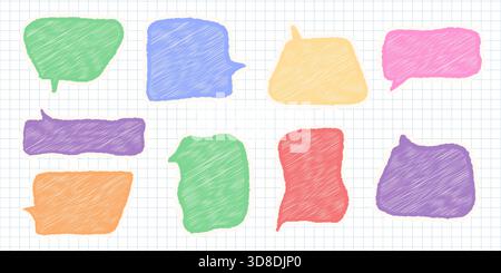Hand gezeichnete Comic-Sprechblasen im Skizzenstil, Buntstift-Doodle-Rahmen auf kariertem Hintergrund, Kreidebleistift-Vektor-Illustration mit Grunge-Textur für Stock Vektor