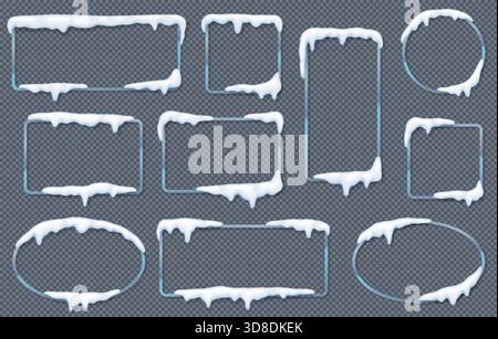 Set mit winterlichen Rahmen mit mattem Schnee und Eisrändern. Verschiedene Formen, einschließlich Kreise und Rechtecke. Entwickelt auf transparentem Hintergrund für wi Stock Vektor