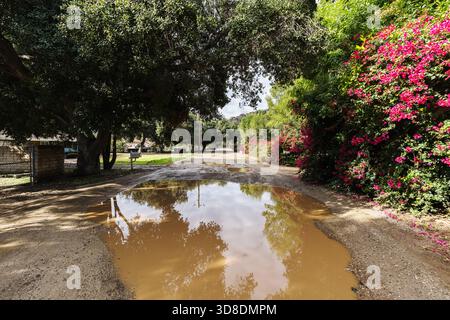 Schlammpfützen auf unbefestigten Straßen im Vorort Chatsworth, Kalifornien. Stockfoto