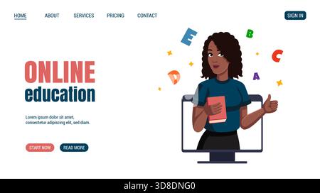 Afrikanische Frau mit Buch zeigt Daumen nach oben vom Computermonitor, umgeben von Buchstaben. Online-Bildung, Wissen, Website für Studentenkonzept, Webseitendesign. Vektorabbildung. Stock Vektor