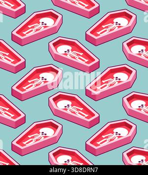 Nahtloses Muster aus süßen rosa Särgen mit Skeletten. Pastellige Gothic Vektor Textur für Stoff, Halloween Geschenkpapier oder schrullige Hintergründe. Stock Vektor
