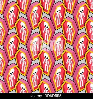 Süßes, gruseliges Sargmuster. Pastellfarbene, nahtlose Textur mit kawaii lächelnden Särgen, Geistern und Skeletten für Halloween, Stoff oder Geschenkpapier Stock Vektor