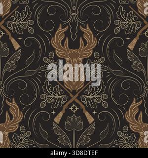 Vektorjägermuster mit Hirsch-, Gewehr- und Blumenbaumelementen. Elegante Textur in dunkelbraunen Farben, für Tapeten, Textilien usw. Stock Vektor