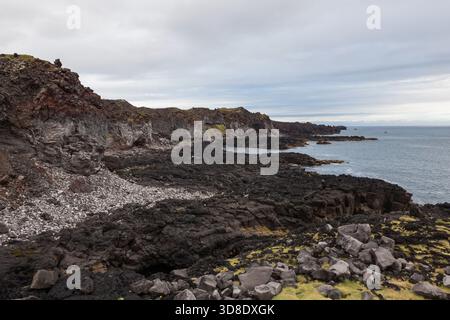 Melancholische isländische Landschaft mit schwarzem vulkanischem Lavastrand, grauen Felsen und einem Blick über den Atlantischen Ozean mit niedrigen grauen Wolken. Stockfoto