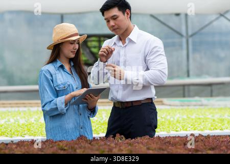 Asiatische Frau und Mann Farmer arbeiten zusammen in Bio-Hydrokultur-Salat-Gemüsefarm Stockfoto