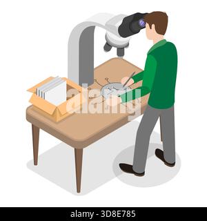 3D Isometrische flache Darstellung der Herstellung elektronischer Geräte, Ingenieure, die mit Schaltungen arbeiten. Punkt 3 Stockfoto