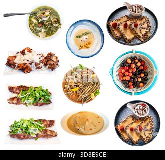 Auswahl verschiedener georgianischer Gerichte auf weißem Hintergrund Stockfoto