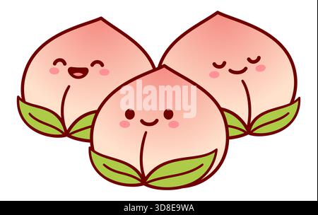 Shoutao, Longevity Pfirsichbrötchen mit Kawaii-Gesichtern. Traditionelle chinesische gedämpfte Baozi, süße Zeichentrickzeichnung. Vektorabbildung. Stock Vektor