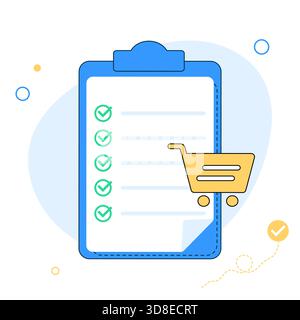 Warenkorb mit Checkliste, Vektorsymbol für E-Commerce oder Planung. Vektorabbildung Stock Vektor
